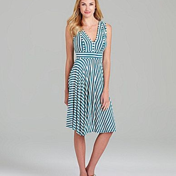 MAX STUDIO Striped Teal and White Sleeveless Midi Dress - Picture 2 of 7